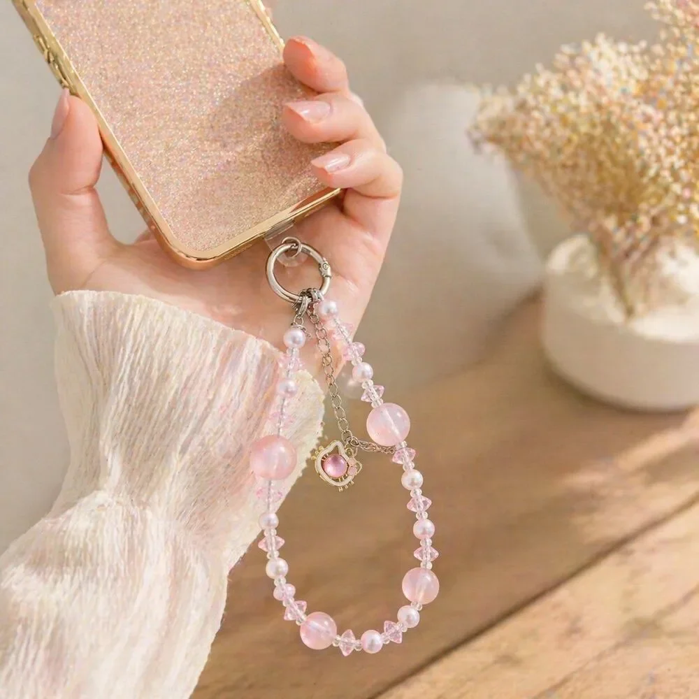 Pink Pearl Beaded Phone Wrist Strap Cute Cat Charm Lanyard Gift Wristlet